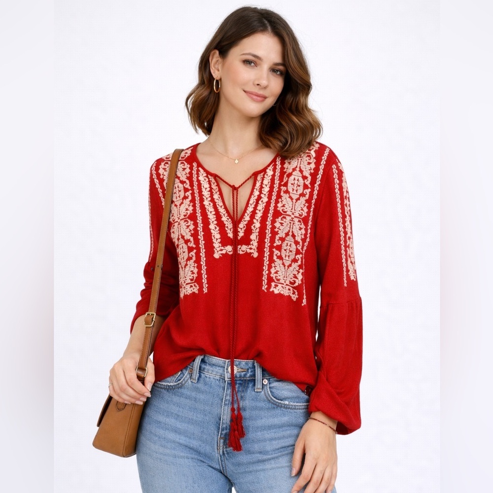 Sugar Lips Red Embroidered Boho Peasant Blouse Tassel Tie Long Sleeve Small